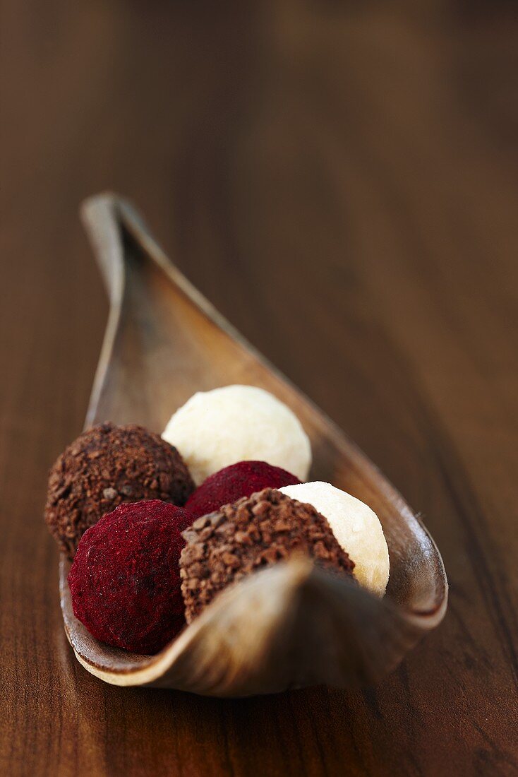 Rum truffles with a chocolate crust, champagne truffles and chocolate truffles with a cassis crust