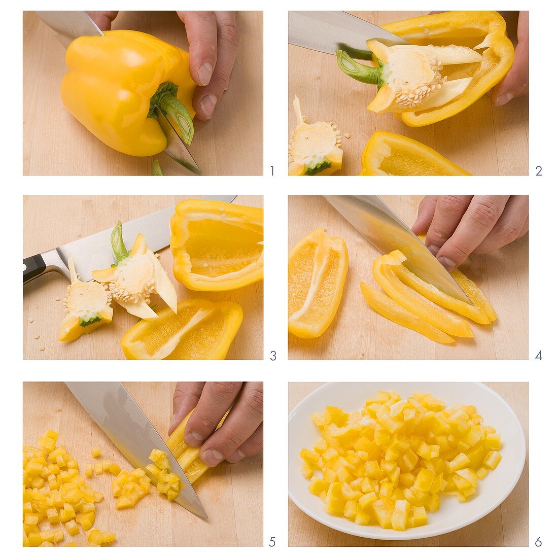 A yellow pepper being deseeded and diced