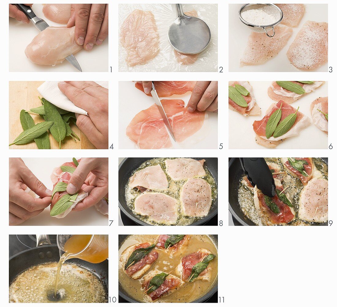 Chicken saltimbocca being prepared