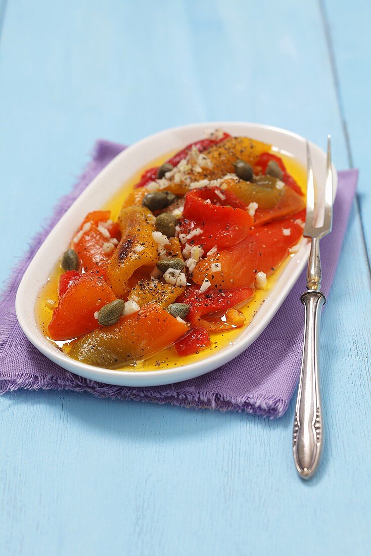 Roasted peppers with garlic, capers and balsamic vinegar