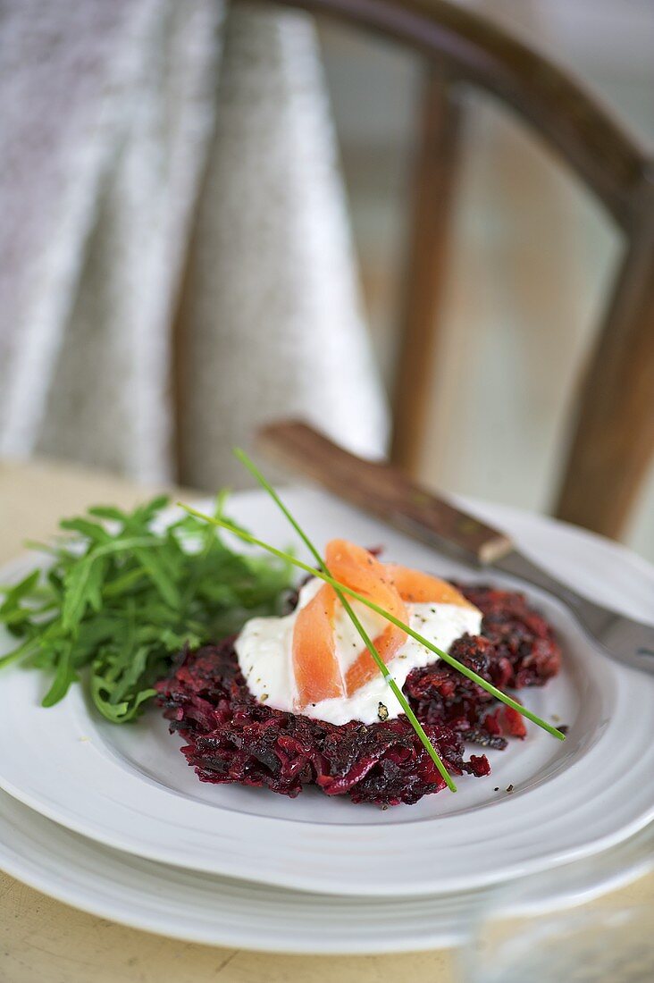 Beetroot cake with sour cream and smoked salmon
