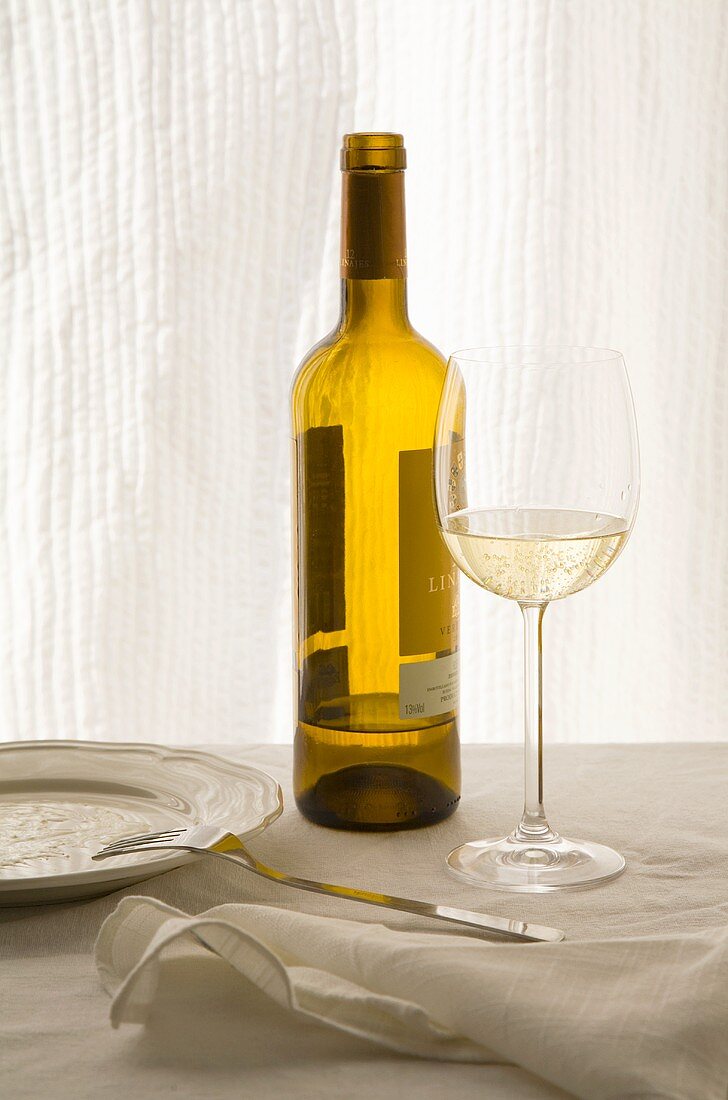 Glas und Flasche mit Weißwein