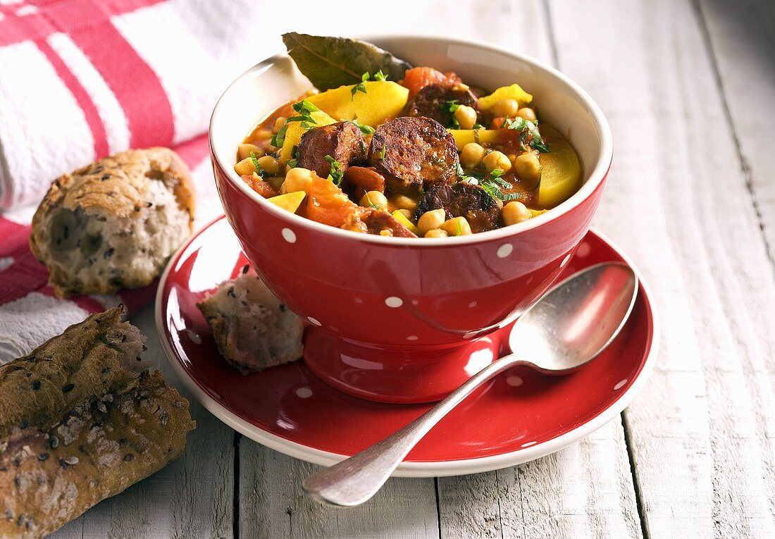 Vegetable soup with chorizo and chickpeas