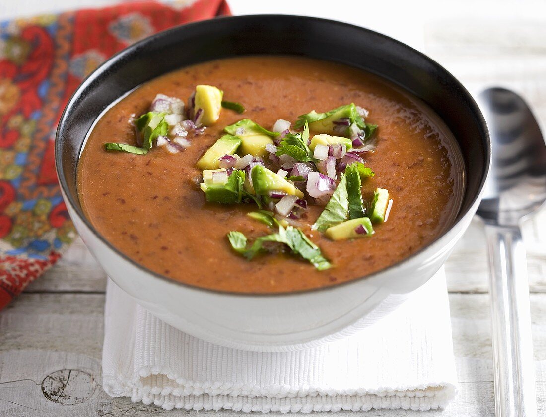 Bean soup with avocado, onions and coriander (Mexico)