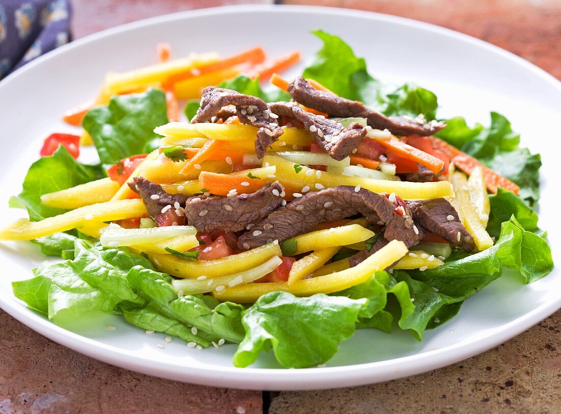 Beef with a mango and cucumber salad