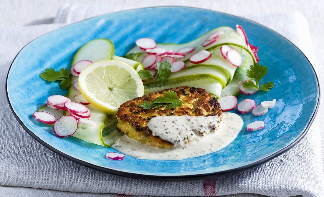Salmon cake with a mustard sauce, cucumber and radishes