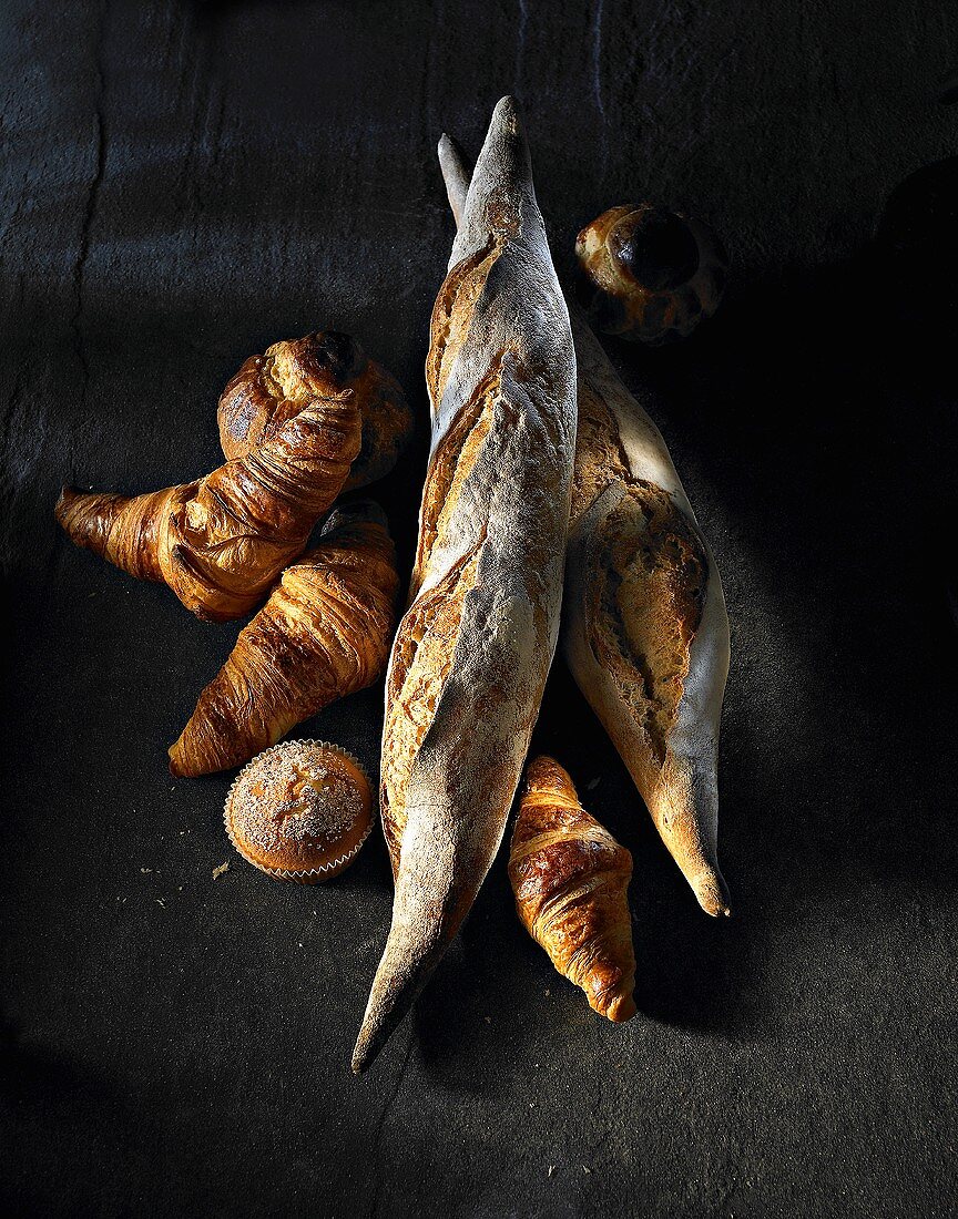 Croissants, baguettes, a muffin and brioche