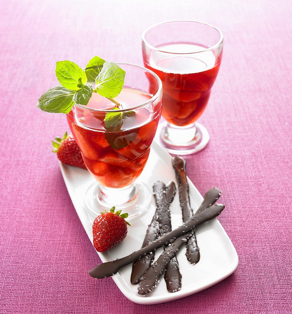 Strawberry compote with chocolate salt sticks