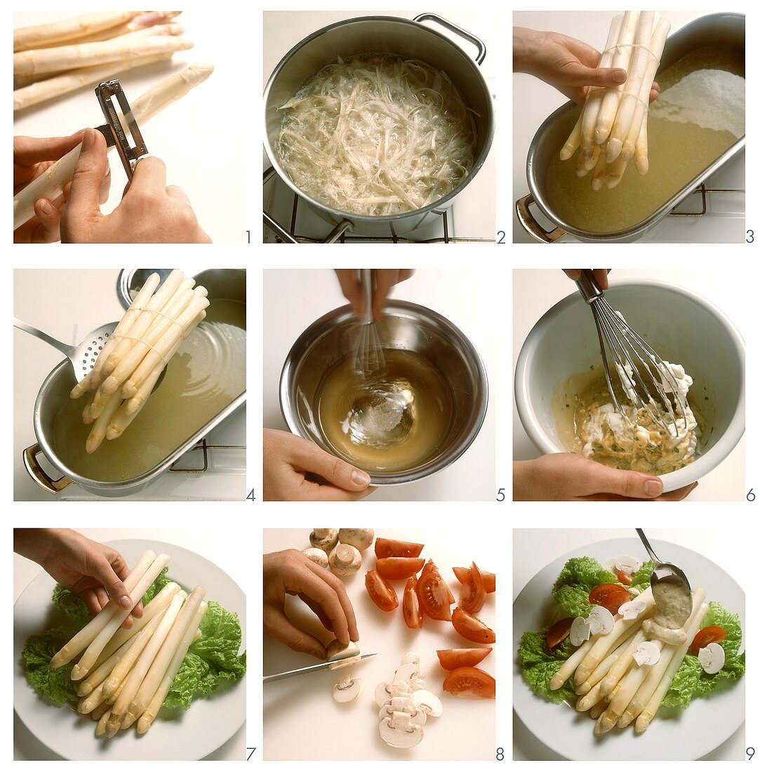 Preparing asparagus platter with herb cream