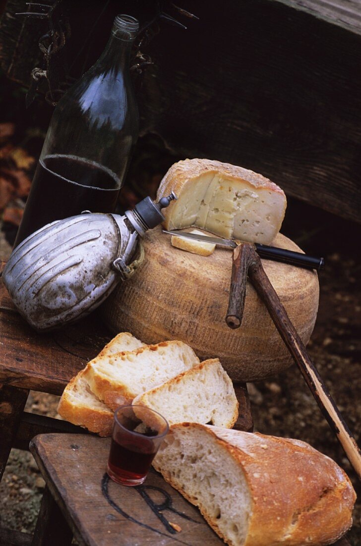 Sheep's cheese, bread and wine for camping