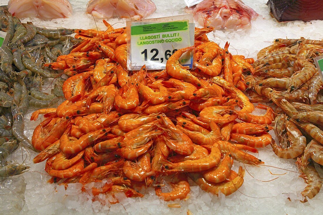 King prawns on a market stall (Mercat de St. Josep (Boqueria), Las Ramblas, Barcelona, Spain)