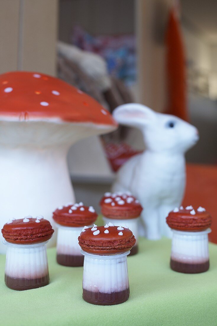 Mushrooms made from strawberry yoghurt and macarons