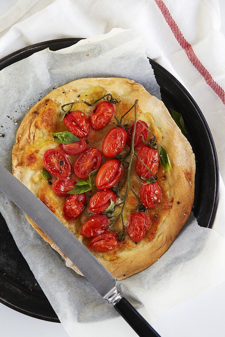 Cherry tomato pizza with basil on baking tray