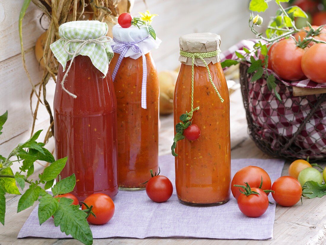 Flaschen mit selbstgemachtem Tomatenpesto und Tomaten