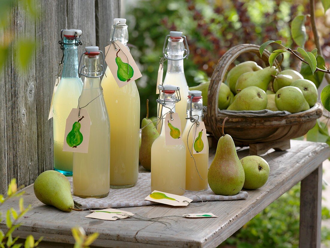 Fresh pears and pear juice in bottles