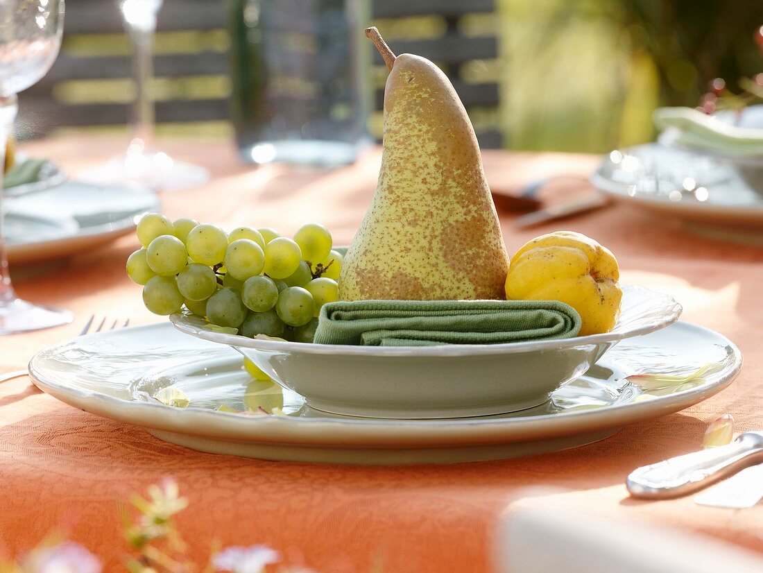 Pear, grapes and ornamental quince (plate decoration)