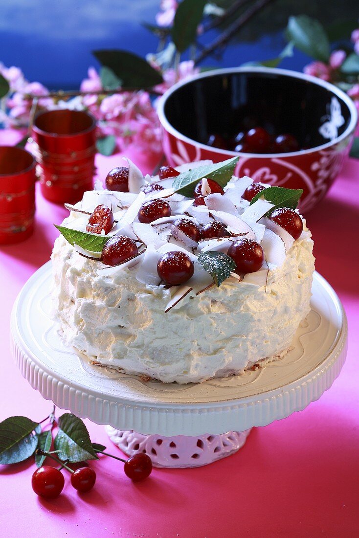 Coconut cake with cherries