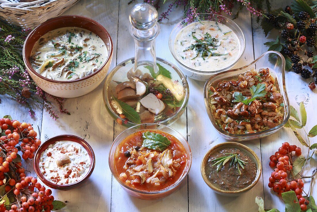 Various sauces with mushrooms and berries