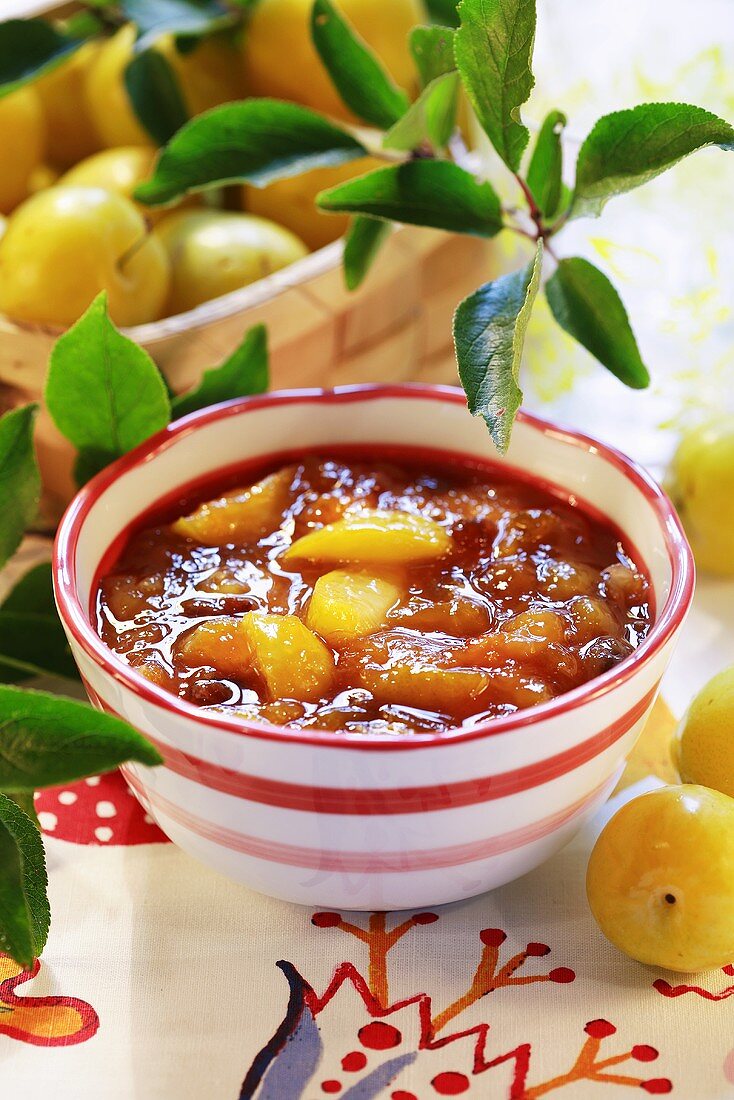Mirabelle and exotic fruit compote