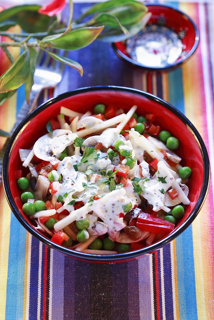 Vegetable salad with peas, mushrooms and mayonnaise