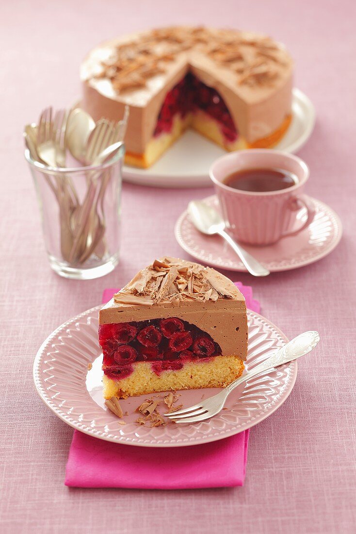 Sponge cake with cherries and chocolate mousse