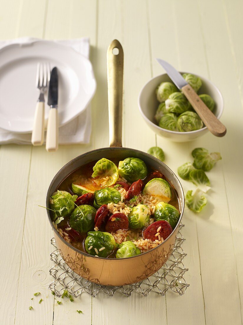 Brussel sprouts with rice and chorizo