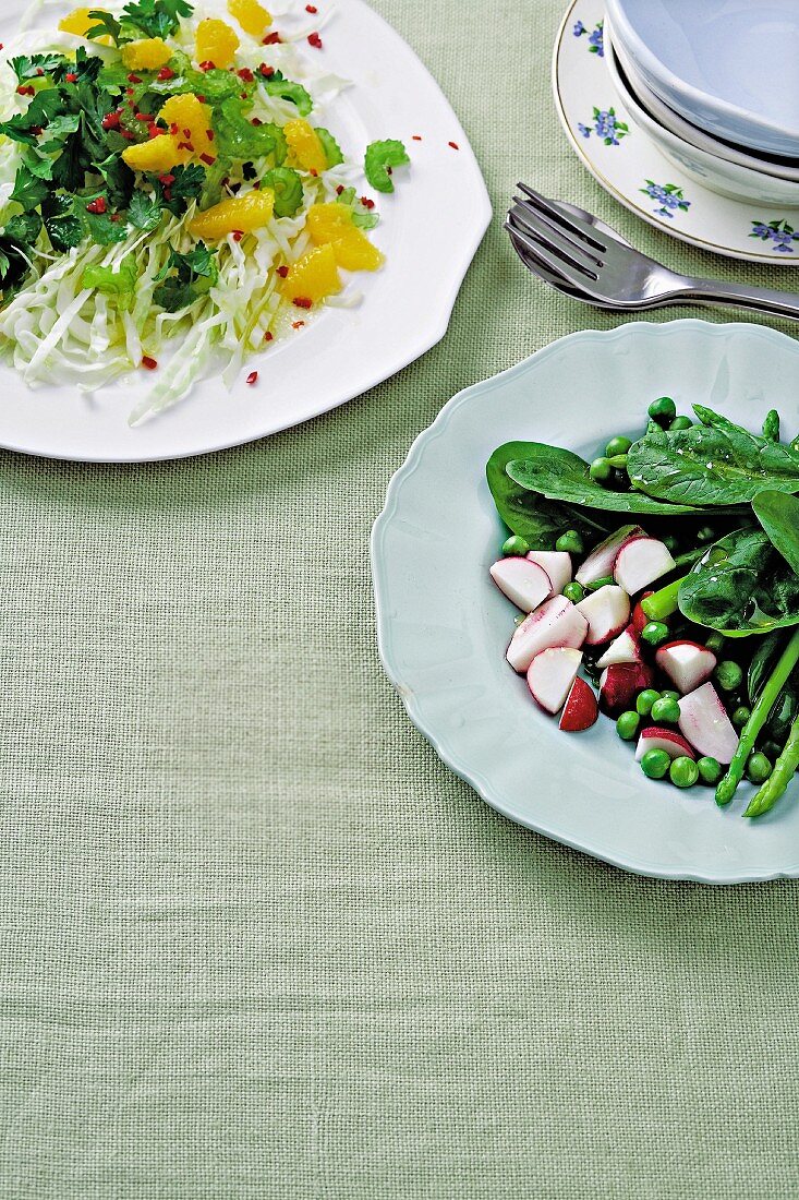 Spinach & radish salad and cabbage, orange & celery salad with chilli
