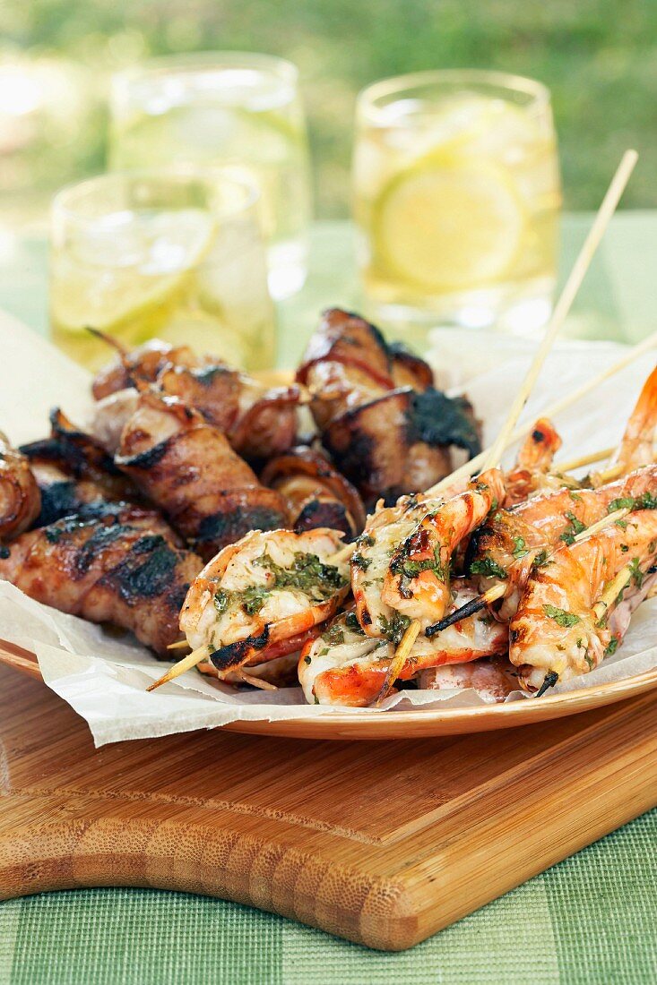 Barbecued sausages and prawns