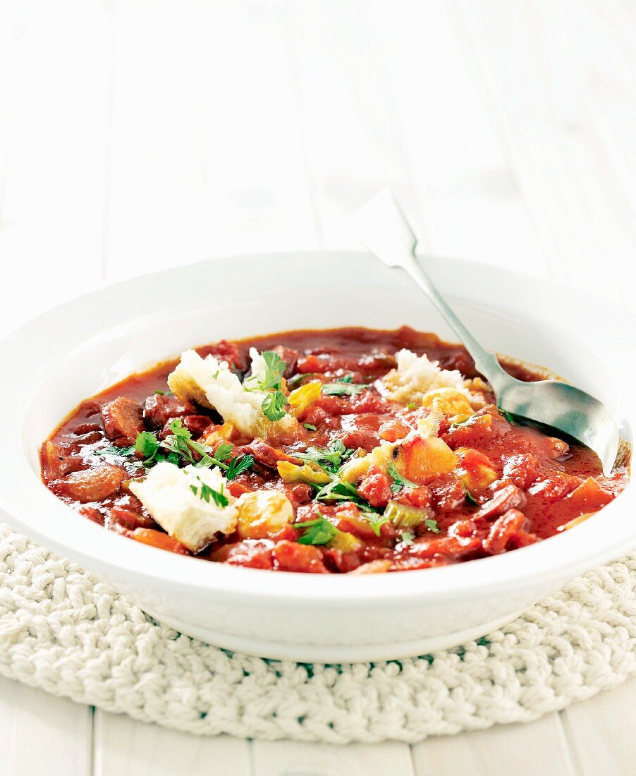 Spicy tomato soup with chorizo