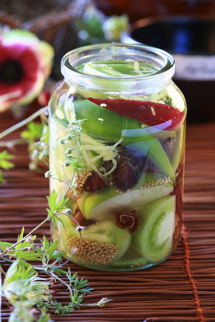 Pickled vegetables in jar