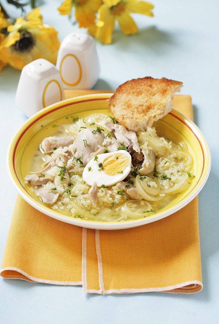 Chicken soup with onions and egg