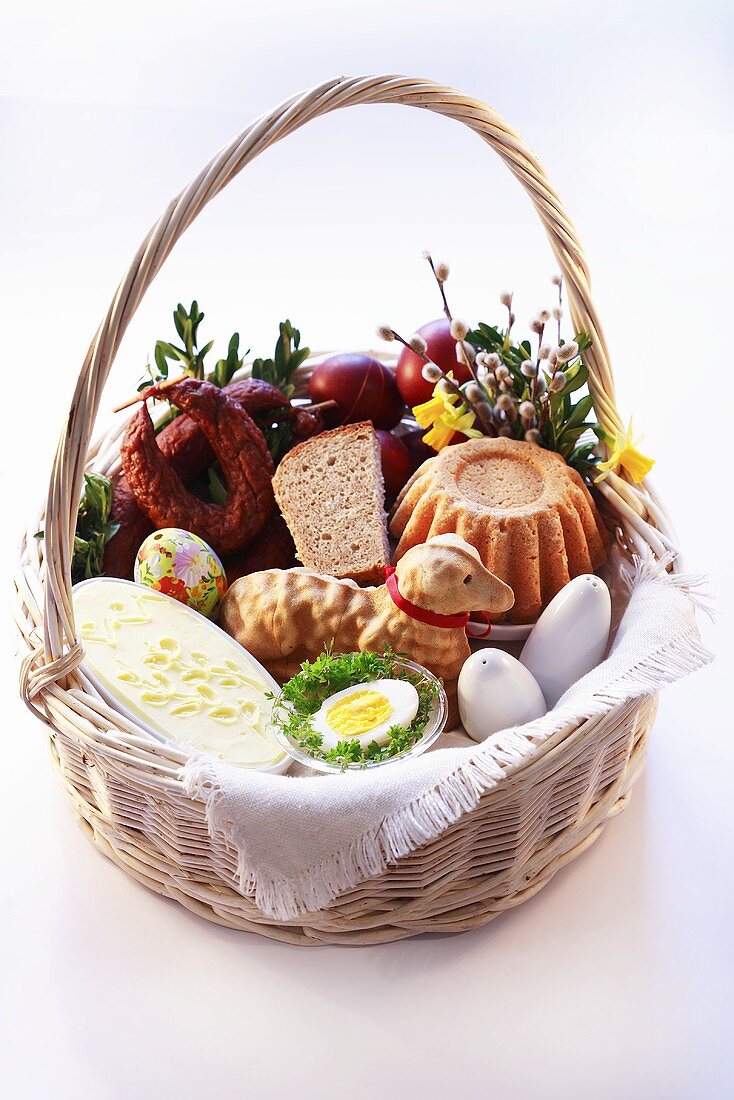 Cake, sausage and bread etc. in Easter basket