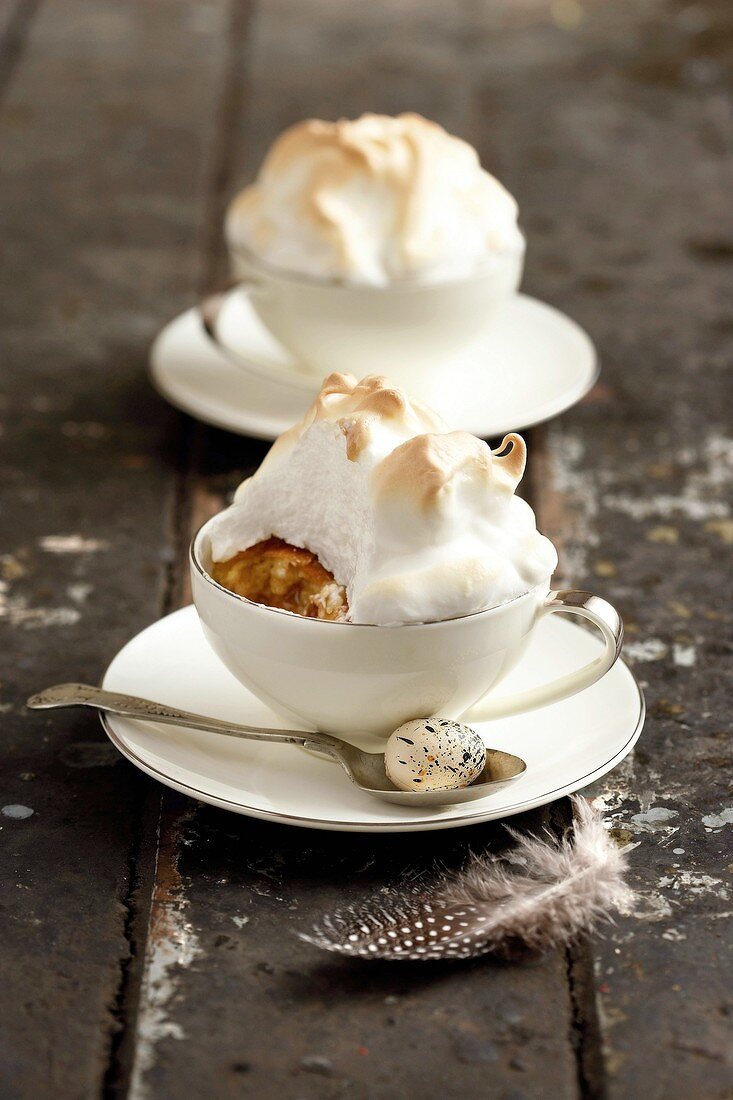 Hot cross bun bread & butter pudding with meringue topping (UK)