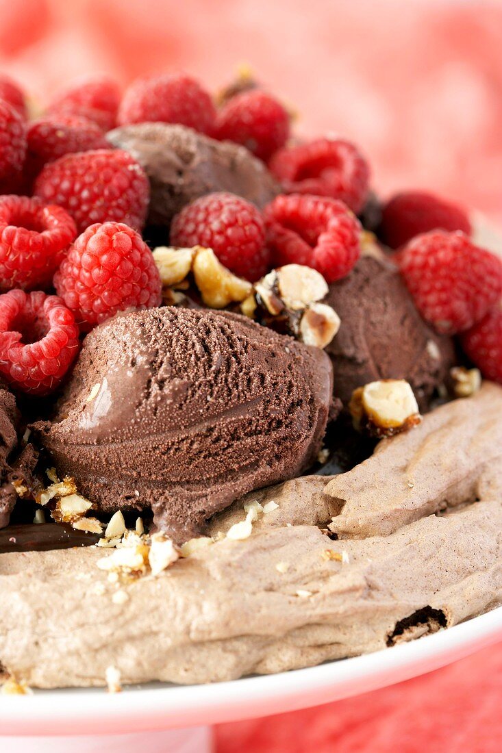 Chocolate Pavlova with raspberries