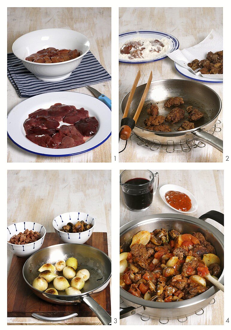 Preparing chicken liver à la coq au vin