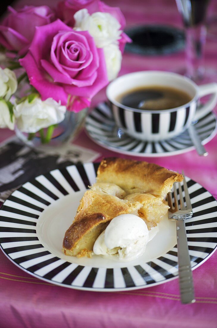 Piece of apple pie with vanilla ice cream, coffee