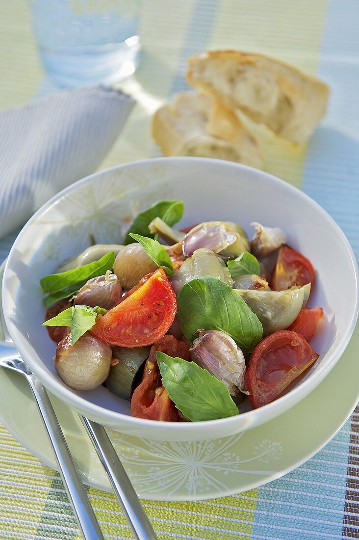 Salad of fried vegetables and basil