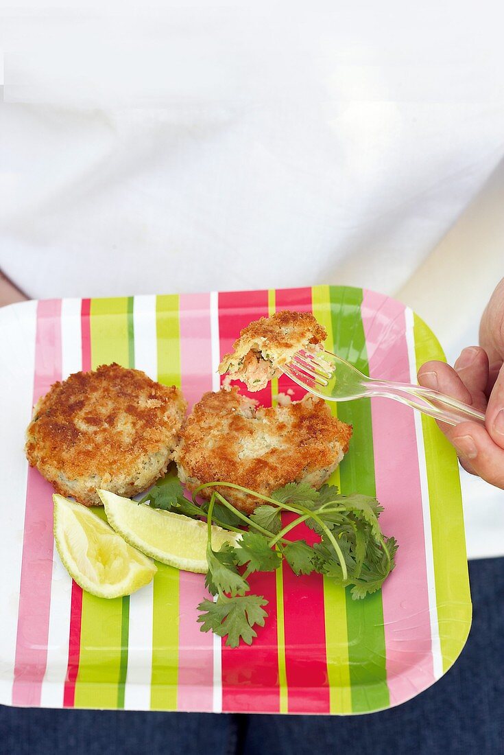 Salmon and potato cakes on tray