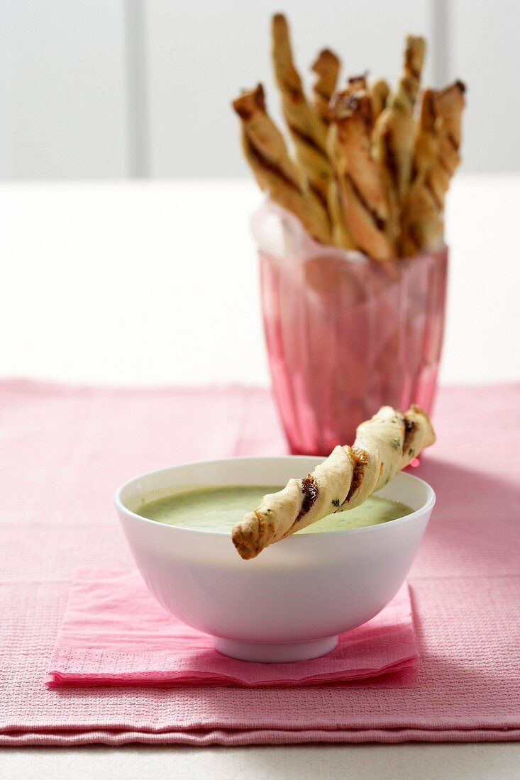 Cheese straws with basil, herb dip
