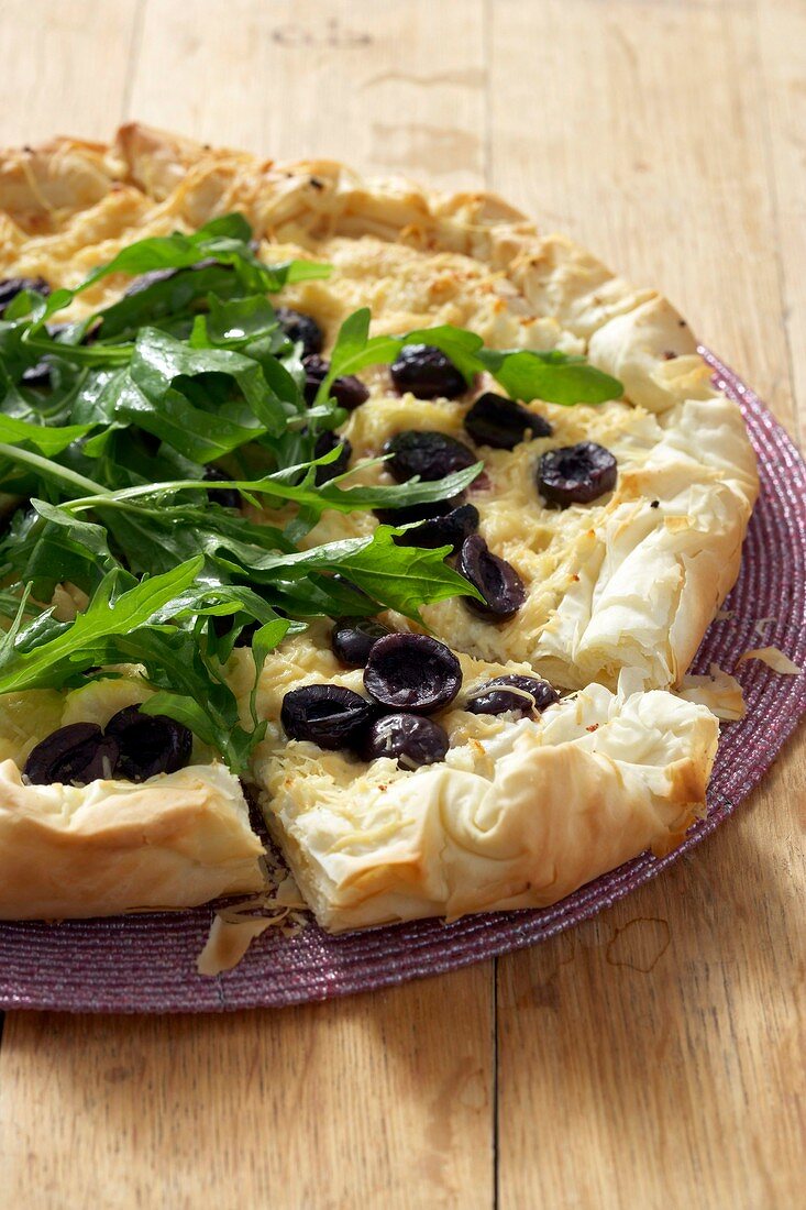 Feta cheese and olive tart made with filo pastry