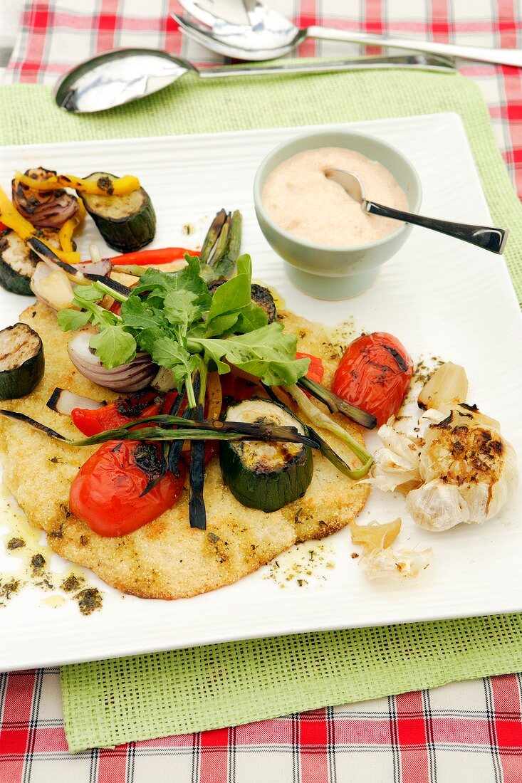 Barbecued corn flatbread with vegetables