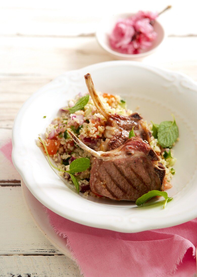 Barbecued lamb chops with wheat salad