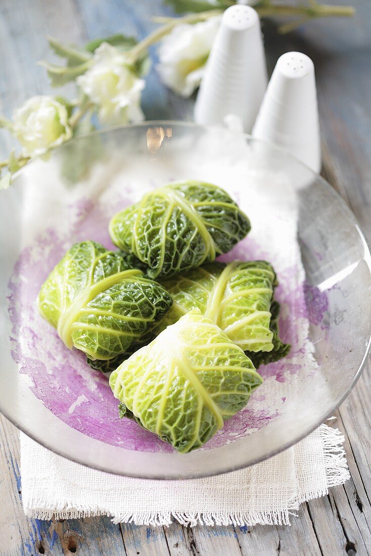 Savoy cabbage leaves stuffed with rice and mince