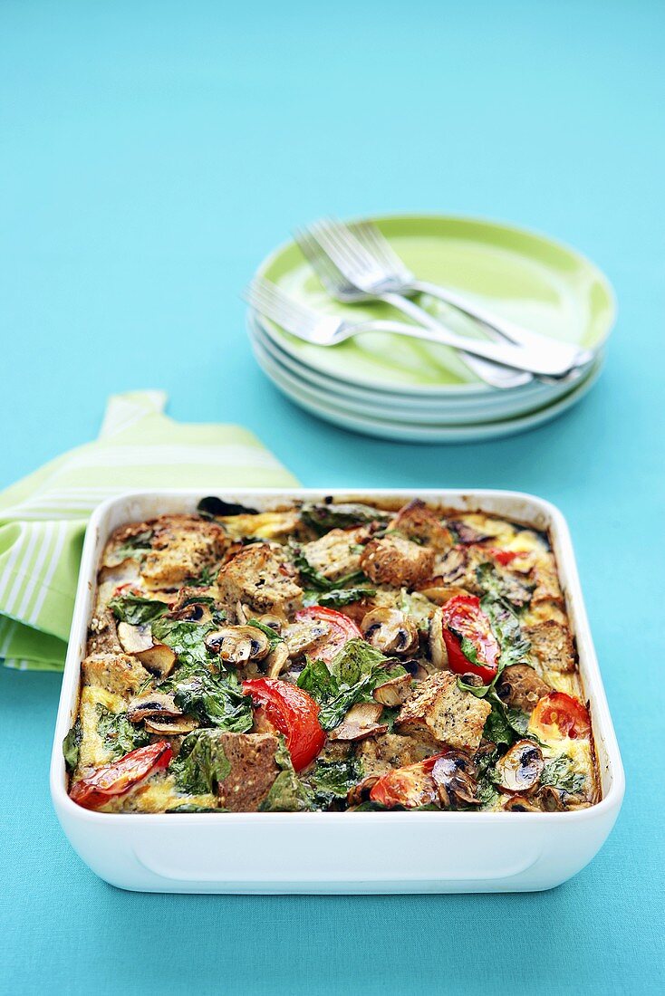 Bread and vegetable bake in baking dish