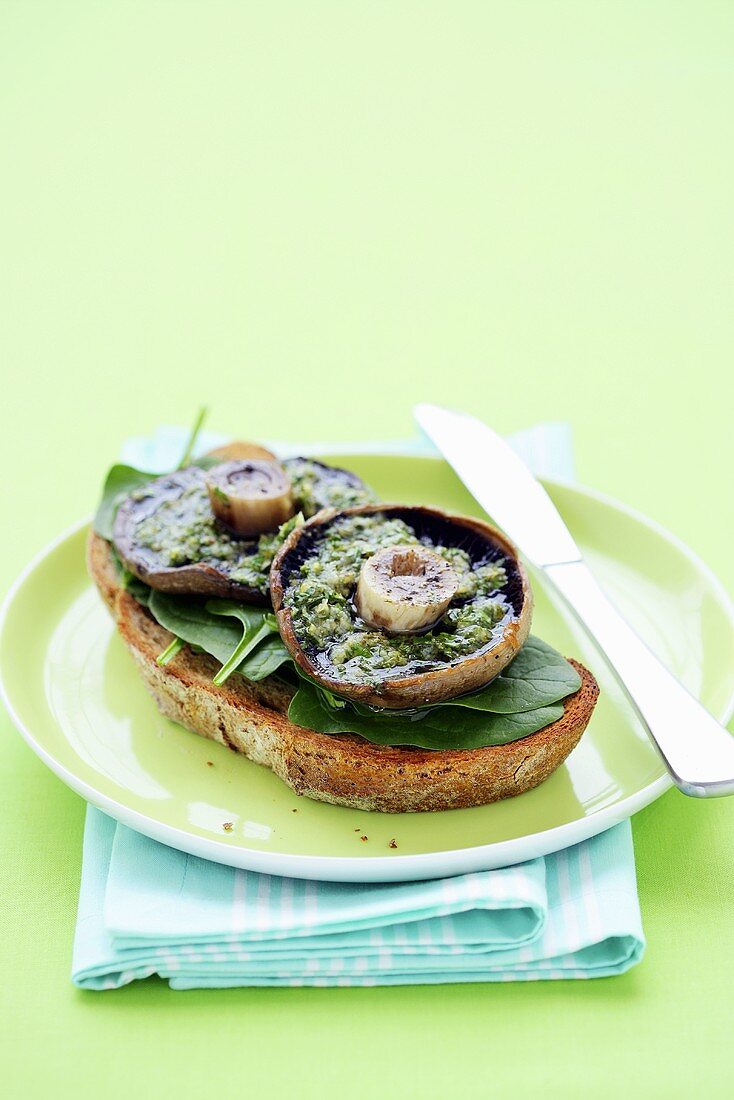 Mushrooms, pesto and spinach on bread