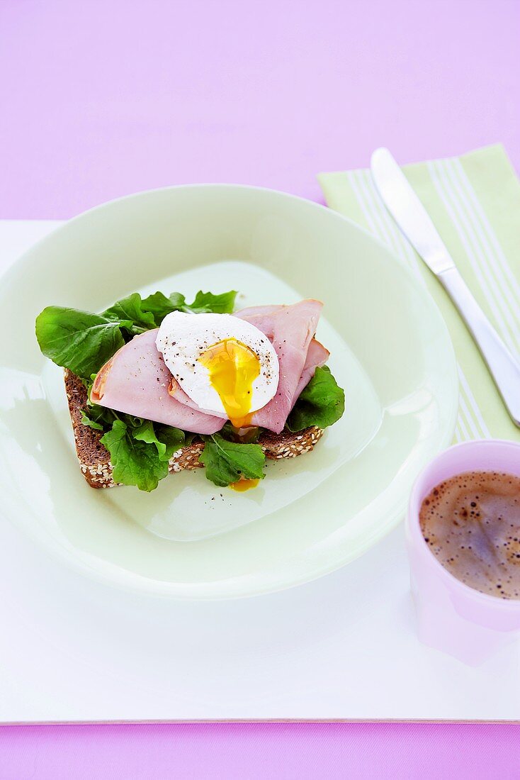 Ham and poached egg on whole grain bread