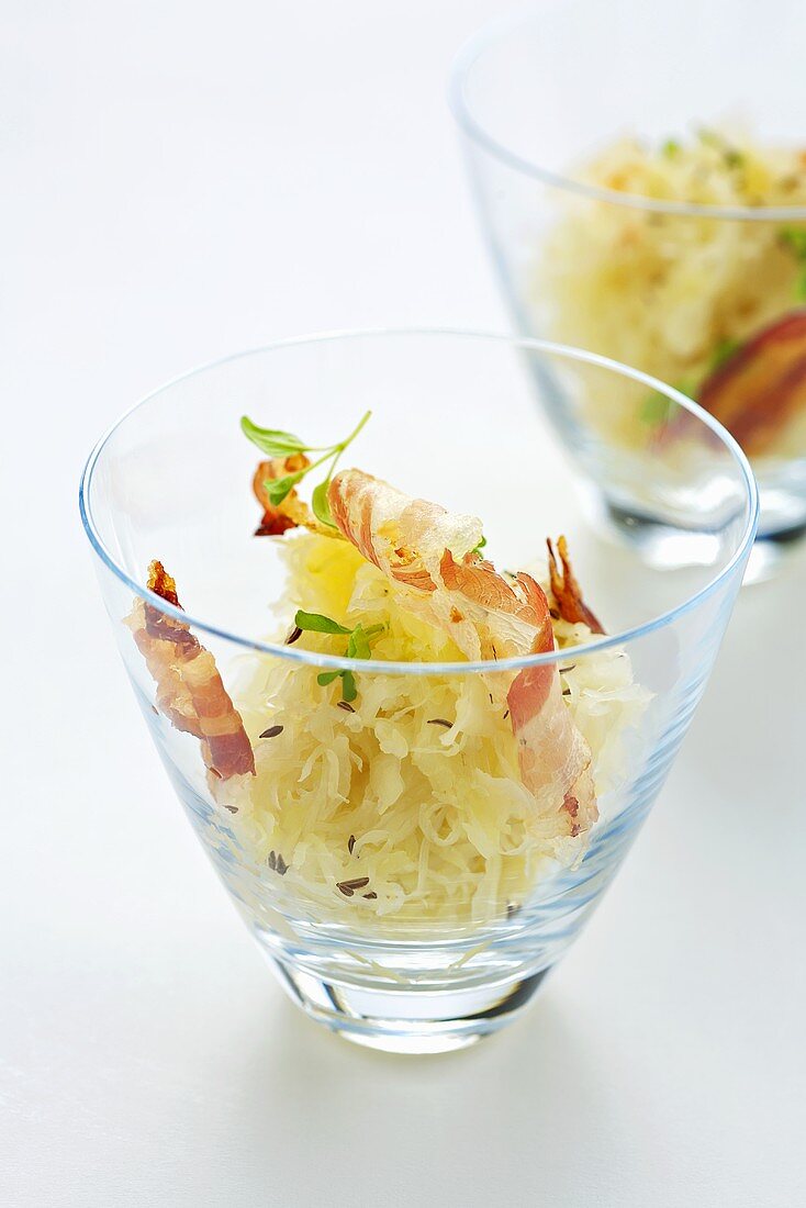 Cabbage salad with bacon in glass