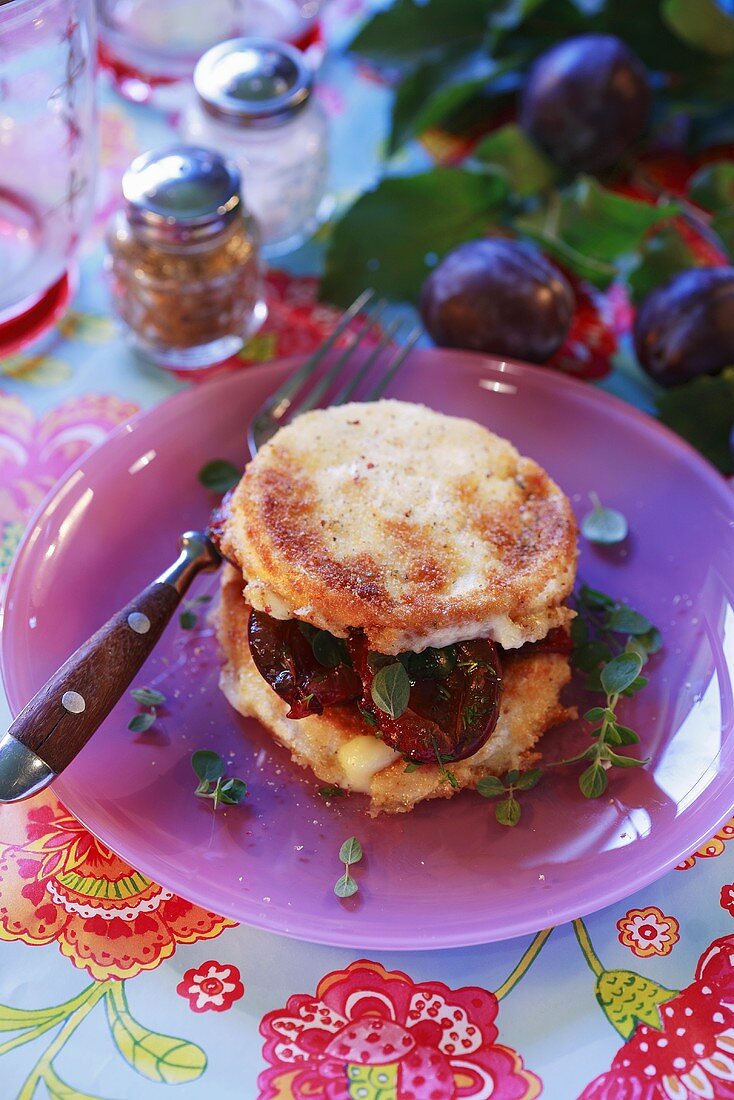 Deep-fried Camembert with plums