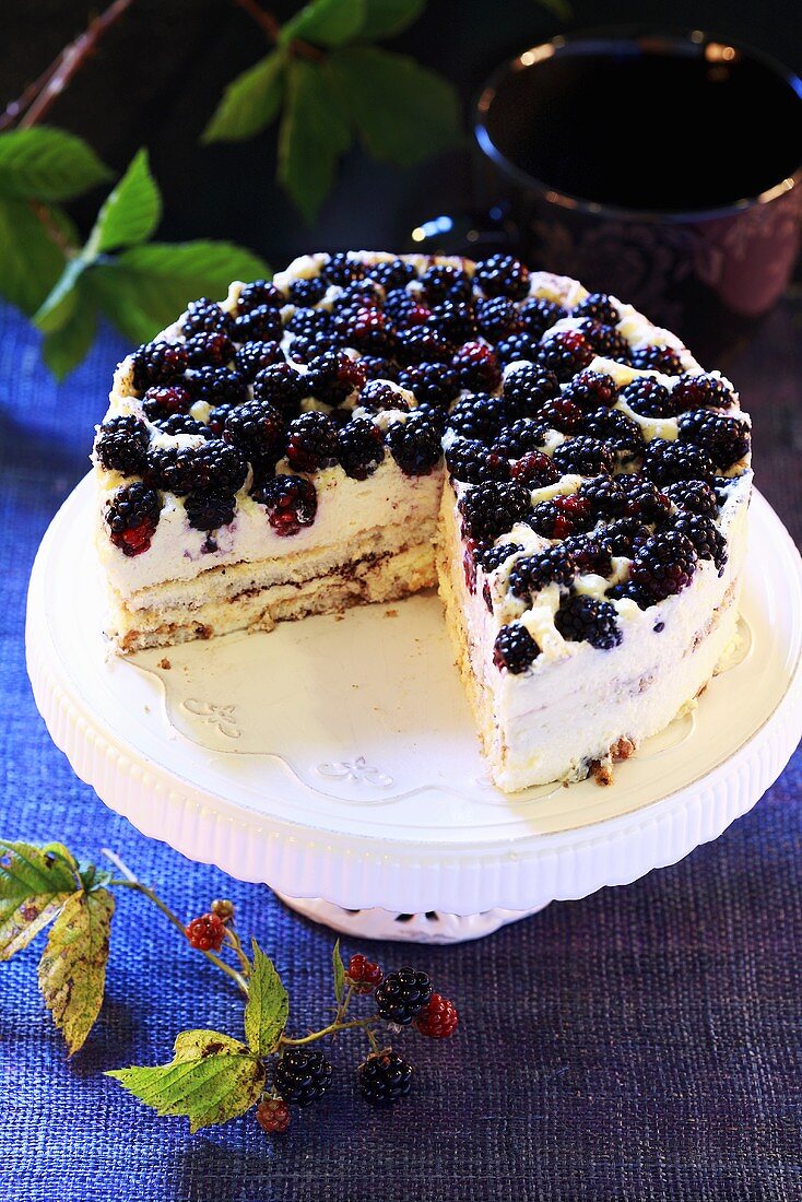 Schichttorte mit Brombeeren, angeschnitten