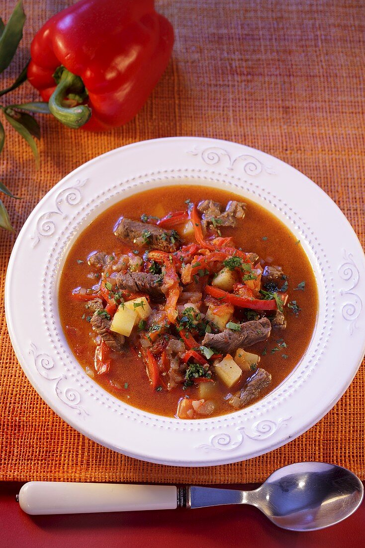 Goulash soup with potatoes and peppers